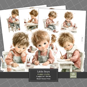 Watercolor Little Boys Fussy Cuts Clipart, Little Study Boys Printable Clip Art, Junk Journal Kit, Scrapbooking Die Cuts