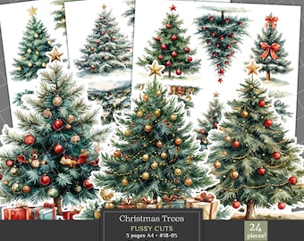 Vintage kerstbomen kieskeurige stekjes | Clipart aquarel kerstbomen, grote kieskeurige kerstsnitten | Kortstondige kerst