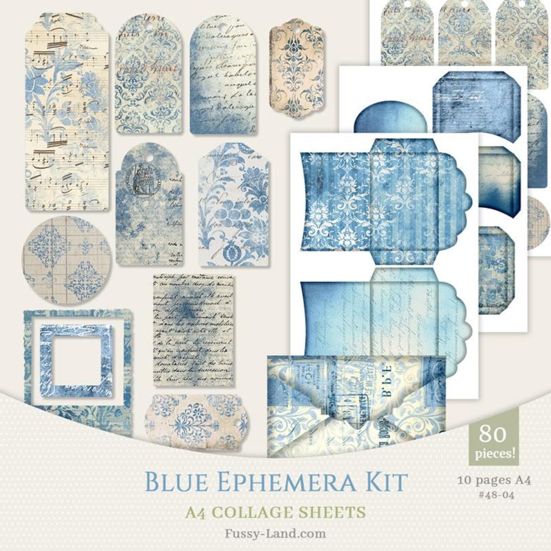 Vintage Blue Ephemera Basic Junk Journal Kit Digital, Printable A4 ...