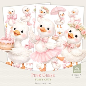 May include: Two pages of pink geese fussy cuts. The illustrations feature white geese with pink bows, tutus, and floral accents. Some geese hold cakes or umbrellas. The text "PINK GEESE" and "FUSSY CUTS" is visible.