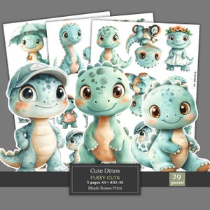 May include: A collection of cute, illustrated dinosaur cutouts in various poses and outfits. The dinosaurs are primarily light blue with brown eyes and accents. The image includes text that reads "Cute Dinos FUSSY CUTS" and "29 pieces!"