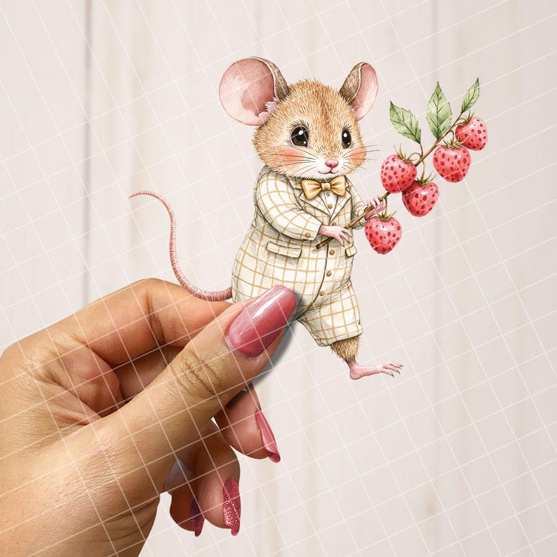 May include: A watercolor illustration of a mouse wearing a plaid suit and bow tie, holding a sprig of red strawberries. The mouse has large ears and a long tail. The image has a whimsical, storybook feel.