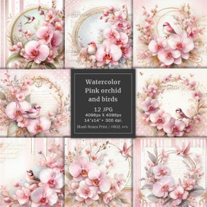 Vintage shabby chic Papierpackung, Pastell rosa Orchideen seiten, Junk Journal Seiten, Vintage Vögel Aquarell Frühlingsblumen Ephemera