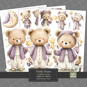 Watercolor Teddy Bears Fussy Cuts Clipart, Teddy Bears in Pajamas, Bear Theme Ephemera, Cute Teddy Bears Junk Journal Kit, Scrapbooking