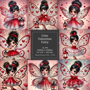 Blocco di carta digitale con fata di San Valentino con cuori rossi, immagini digitali di ALTA QUALITÀ, clipart di San Valentino per album JPG, piccola fata rossa