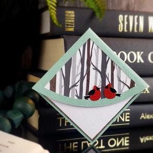 Birch Birds Paper Corner Bookmark, Reader Gift, Book Lover Accessories trees landscape forest red robins winter nature wood
