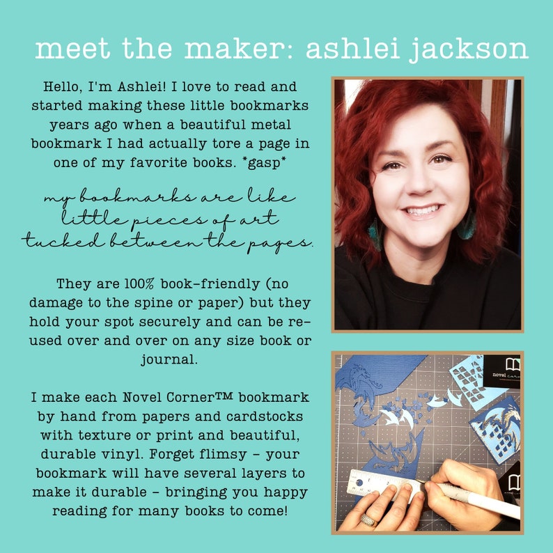 May include: A teal informational graphic titled meet the maker: ashlei jackson featuring a portrait of a person with red hair and a photo of hands using a craft knife and a white ruler to cut blue cardstock into intricate dragon shapes for bookmarks.