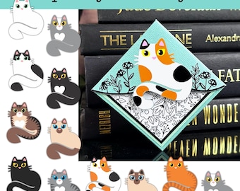 Könnte beinhalten: Ein rautenförmiges Eck-Lesezeichen in Hellblau mit einer Glückskatzen-Illustration und schwarzer Blumen-Linienkunst. Das Lesezeichen trägt den Text pick your kitty und zeigt verschiedene Katzenillustrationen in Weiß, Grau, Schwarz, Braun und Orange.
