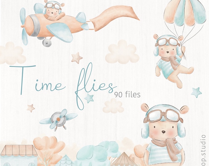Featured listing image: Time Flies - Aviator Bear digital watercolor clipart
