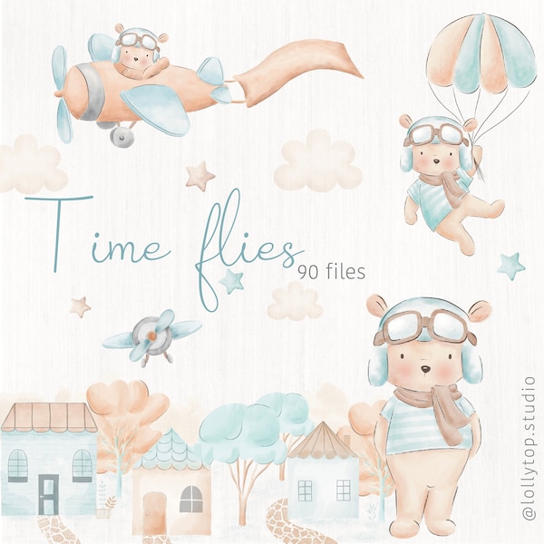 Time flies - Aviator bear digital watercolor clipart's