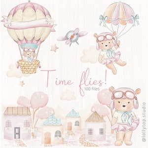 Time flies Pink - Aviator bear hot air balloon digital watercolor clipart's
