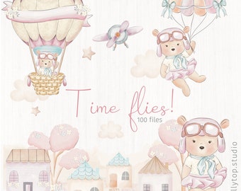 Time flies Pink - Aviator bear hot air balloon digital watercolor clipart's