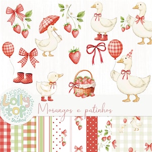 Pode incluir: Ilustrações em aquarela de patos brancos, morangos, laços e balões em padrões xadrez vermelho e branco. A imagem inclui uma cesta de morangos e um pato usando um chapéu de festa.
