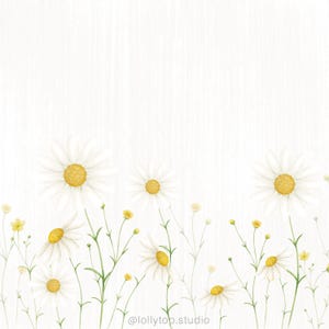 May include: Watercolor illustration of white daisies with yellow centers and green stems against a textured white background. The flowers are in various stages of bloom, creating a natural, floral design. The artist's name is at the bottom.