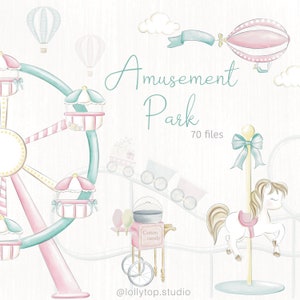 Watercolor Amusement park, carousel cliparts