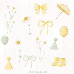 May include: Watercolor illustrations of daisies, bows, balloons, party hats, an umbrella, and rain boots in pastel yellow and green. The image includes the text "@lollytop.studio".