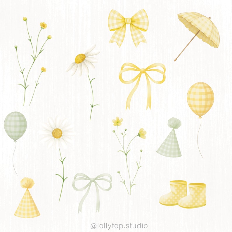 May include: Watercolor illustrations of daisies, bows, balloons, party hats, an umbrella, and rain boots in pastel yellow and green. The image includes the text "@lollytop.studio".