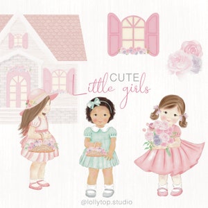 Bambine carine, piccole bambole, clipart di bambole carine ad acquerello
