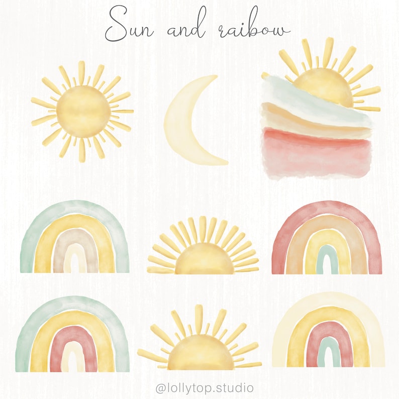 May include: A set of nine watercolor illustrations featuring suns and rainbows in various colors and styles. The illustrations include a full sun, a crescent moon, a sun rising over a layered landscape, a rainbow arch, and a half sun. The text "Sun and rainbow" and "@lollytop.studio" are also included.