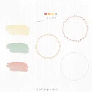 May include: A digital illustration of four different circle frames with a color palette of brown, orange, yellow, and green. The frames are made of lines, dots, and leaves. The text "4 colors" is written in the image.