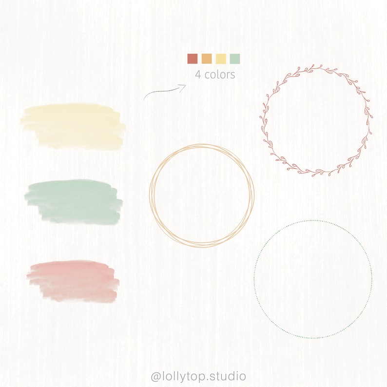 May include: A digital illustration of four different circle frames with a color palette of brown, orange, yellow, and green. The frames are made of lines, dots, and leaves. The text "4 colors" is written in the image.