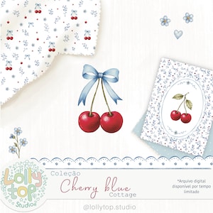 May include: A watercolour illustration of two red cherries tied with a light blue ribbon. The design includes floral patterns, small blue flowers, and the text "Cherry blue Cottage" with the Lollytop Studio logo.