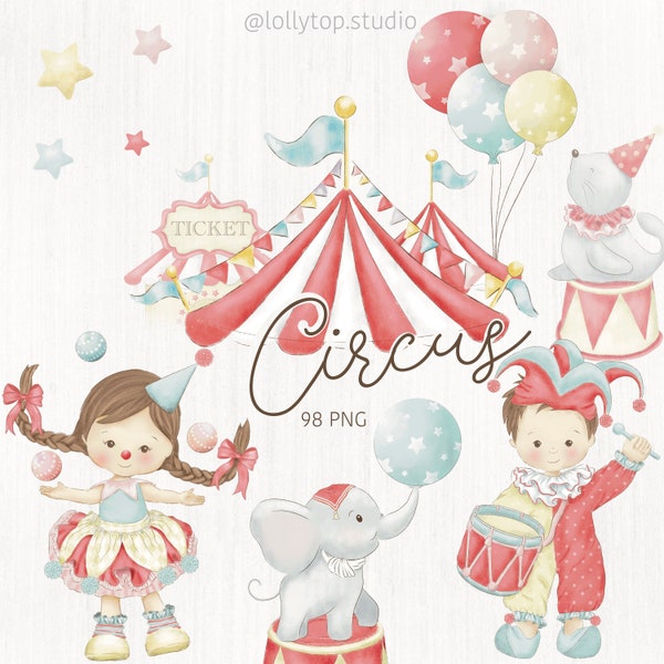 Cirque - Cirque vintage numérique, petit clown aquarelle clipart's