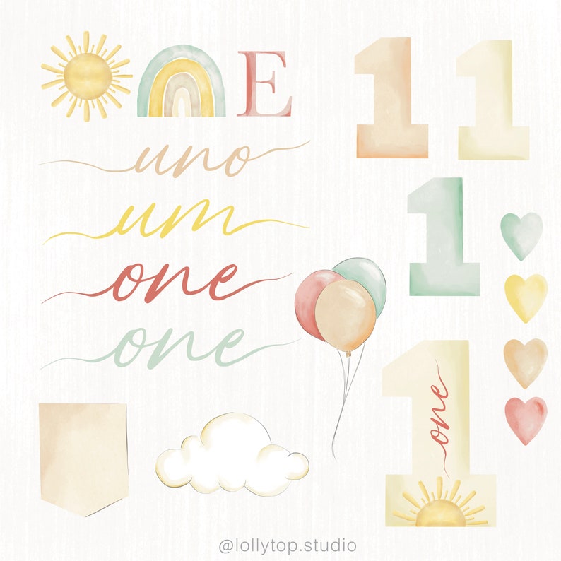 May include: A watercolor illustration set for a first birthday party. The set includes a rainbow, a sun, a cloud, balloons, a banner, and the number one in different colors and styles. The words "uno", "um", "one", and "one" are written in different colors and styles. The text "@lollytop.studio" is at the bottom of the image.