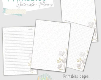 A4 - Printable Note Pages, Dotted grid, Lined paper, Graph paper and Blank paper - Watercolor Flowers A4 files