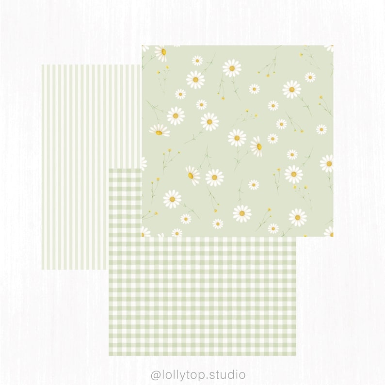 May include: A collection of three patterned papers in a light green color scheme. One paper features vertical stripes, another has a gingham pattern, and the third showcases a daisy floral design. The image includes the text "@lollytop.studio".