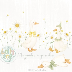 Puede incluir: Ilustración en acuarela con tres gansos blancos con picos y patas amarillas. Un ganso lleva una pajarita de cuadros amarillos, otro un sombrero y un cuello verdes, y el tercero un lazo verde. Las margaritas y las flores amarillas rodean a los gansos. El texto dice "Margaridas e gansinhos".