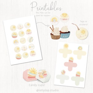 May include: Printable set of party decorations with a sun and rainbow theme. Includes cupcake toppers, tags, and candy cup wrappers. The decorations are in shades of yellow, orange, pink, and blue.