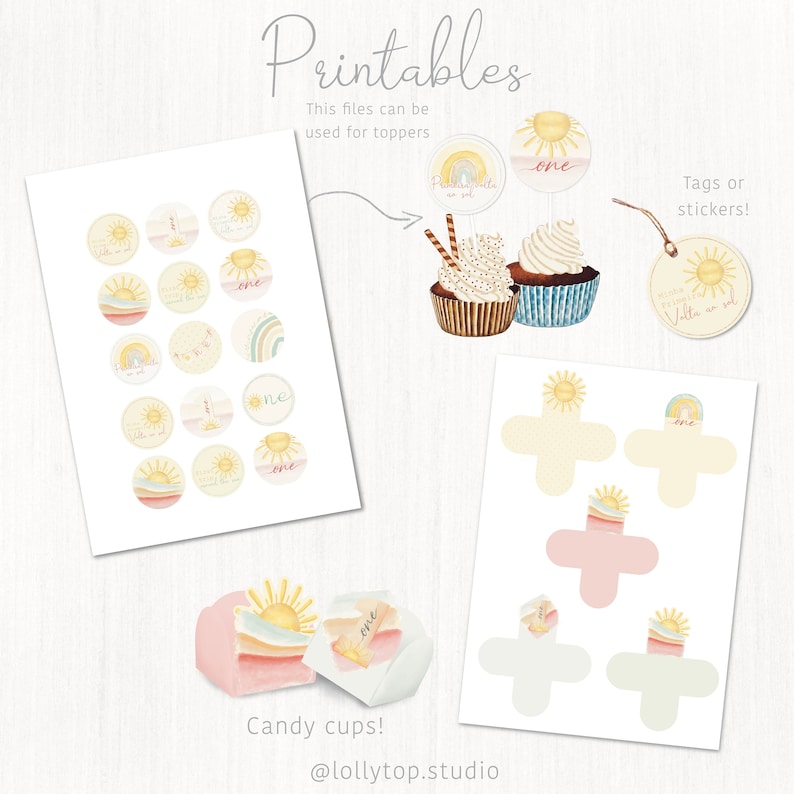 May include: Printable set of party decorations with a sun and rainbow theme. Includes cupcake toppers, tags, and candy cup wrappers. The decorations are in shades of yellow, orange, pink, and blue.