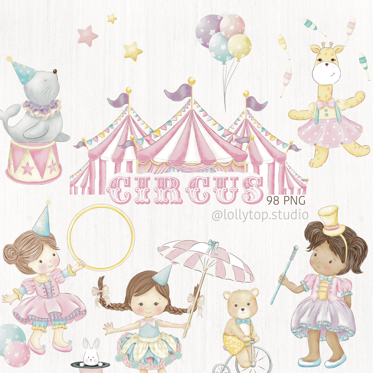 Pink Circus - Circus Vintage Digital, Little Clown Watercolor Clipart ...