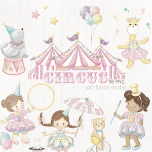 Pink Circus - Circus vintage digital, little clown watercolor clipart