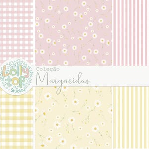 Könnte beinhalten: Eine Sammlung von gemusterten Papieren mit Vichy-, Streifen- und Blumendesigns. Die Farbpalette umfasst Rosa, Gelb und Weiß. Das Blumenmuster zeigt Gänseblümchen. Der Text "Coleção Margaridas" ist sichtbar.