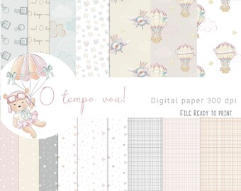May include: A digital paper pack with 10 different patterns featuring a cute bear in a hot air balloon, clouds, stars, and geometric shapes. The patterns are in shades of pink, gray, and beige. The text "O tempo voa!" is written in a pink circle in the center of the image. The text "Digital paper 300 dpi" and "FILE READY TO PRINT" is written below the image.
