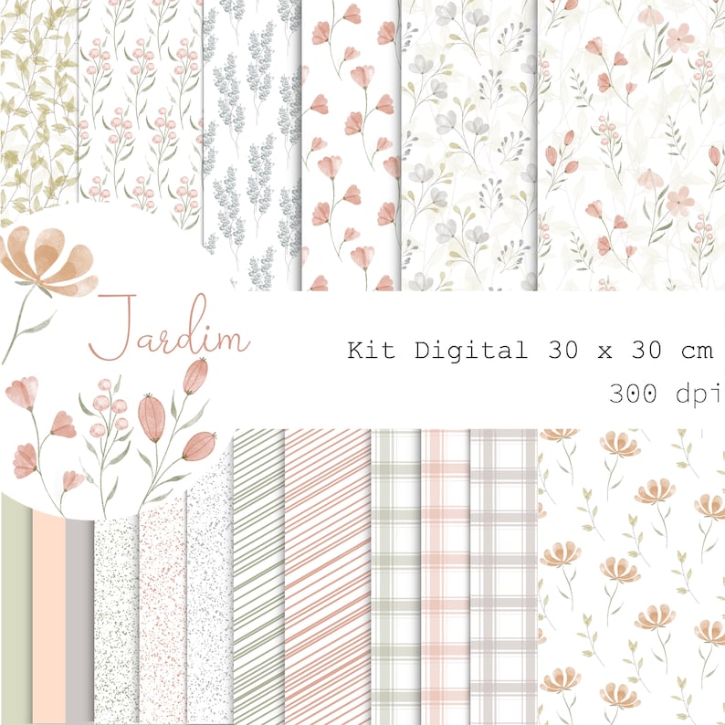 Peut inclure: Un pack de papier num&eacute;rique avec 10 motifs diff&eacute;rents, dont des fleurs, des carreaux et des rayures. Les motifs sont dans des tons de rose, gris et blanc. Le texte "Jardim Kit Digital 30 x 30 cm 300 dpi" est en haut de l'image.
