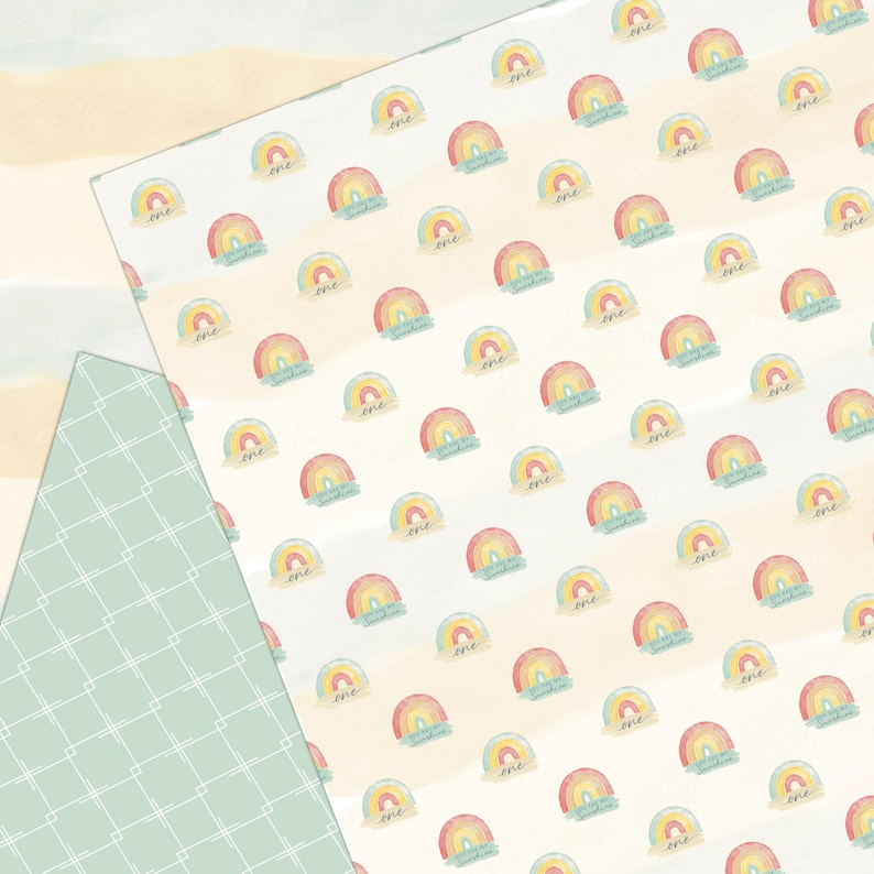 May include: A white background with a repeating pattern of colorful rainbows with the word "one" written on each rainbow. The rainbows are painted in shades of yellow, orange, red, blue, and green.