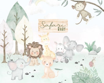 May include: A watercolor illustration of a safari baby theme with a rainbow, trees, and animals including a lion, giraffe, zebra, elephant, and a monkey hanging from a branch. The text "Safari Baby" is written on a wooden sign.