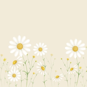 May include: Watercolor illustration of daisies with white petals and yellow centers. The daisies are set against a soft beige background, with green stems and small yellow buds. A floral design.