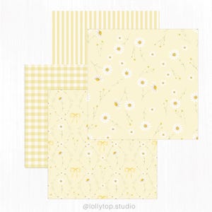 May include: A collection of yellow patterned papers. Designs include stripes, gingham, and floral patterns with daisies and bows. The papers are arranged in a layered composition, with the text "@lollytop.studio" at the bottom.