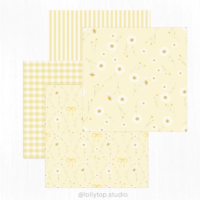 May include: A collection of yellow patterned papers. Designs include stripes, gingham, and floral patterns with daisies and bows. The papers are arranged in a layered composition, with the text "@lollytop.studio" at the bottom.