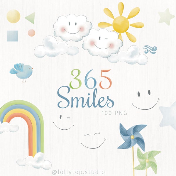 365 glimlachen, smileygezicht, glimlachen, zonnig, regenboog, wolken - eerste reis rond de zon aquarel clipart