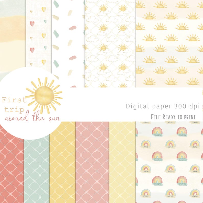 May include: A set of 10 digital papers featuring various patterns, including stripes, hearts, confetti, clouds, suns, rainbows, and checkered designs. The papers are in pastel colors, such as pink, yellow, blue, and green. The text "First trip around the sun" is included in the image. Digital paper 300 dpi. File ready to print.