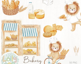 Little chef, bakery cook, animals, Italian village digital watercolor clipart's