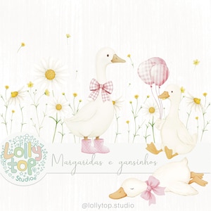 May include: Watercolor illustration of white geese with pink bows and boots, set against a backdrop of daisies and yellow flowers. One goose holds pink balloons. The image includes the text "Margaridas e gansinhos" and "Lollytop Studio".