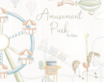 Watercolor Amusement park, carousel, carnival clipart - Green