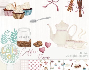 Coffee time, cupcake, tea, candy watercolor Cliparts and digital papers