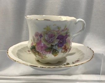 CT Carl Tielsch Germany vintage teacup and saucer set, purple floral design tea set